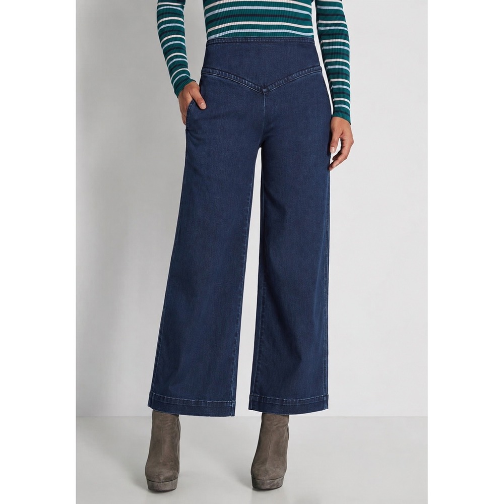 ModCloth Wide Leg Jeans Women 20W Blue V-Yoke Back Zip Retro Plus Preppy